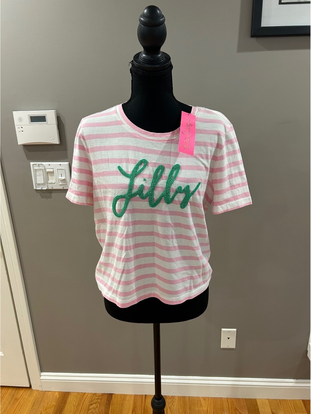 Lilly Pulitzer Striped Pink and White Beaded Logo T-Shirt Size S